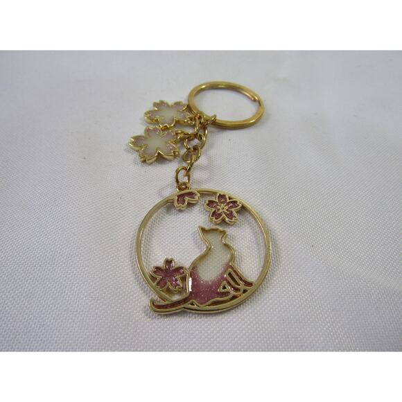 None Accessories - Kitty Cat Pink Floral Sparkly Key Ring/Chain Boho Artsy Flowers Gold Tone